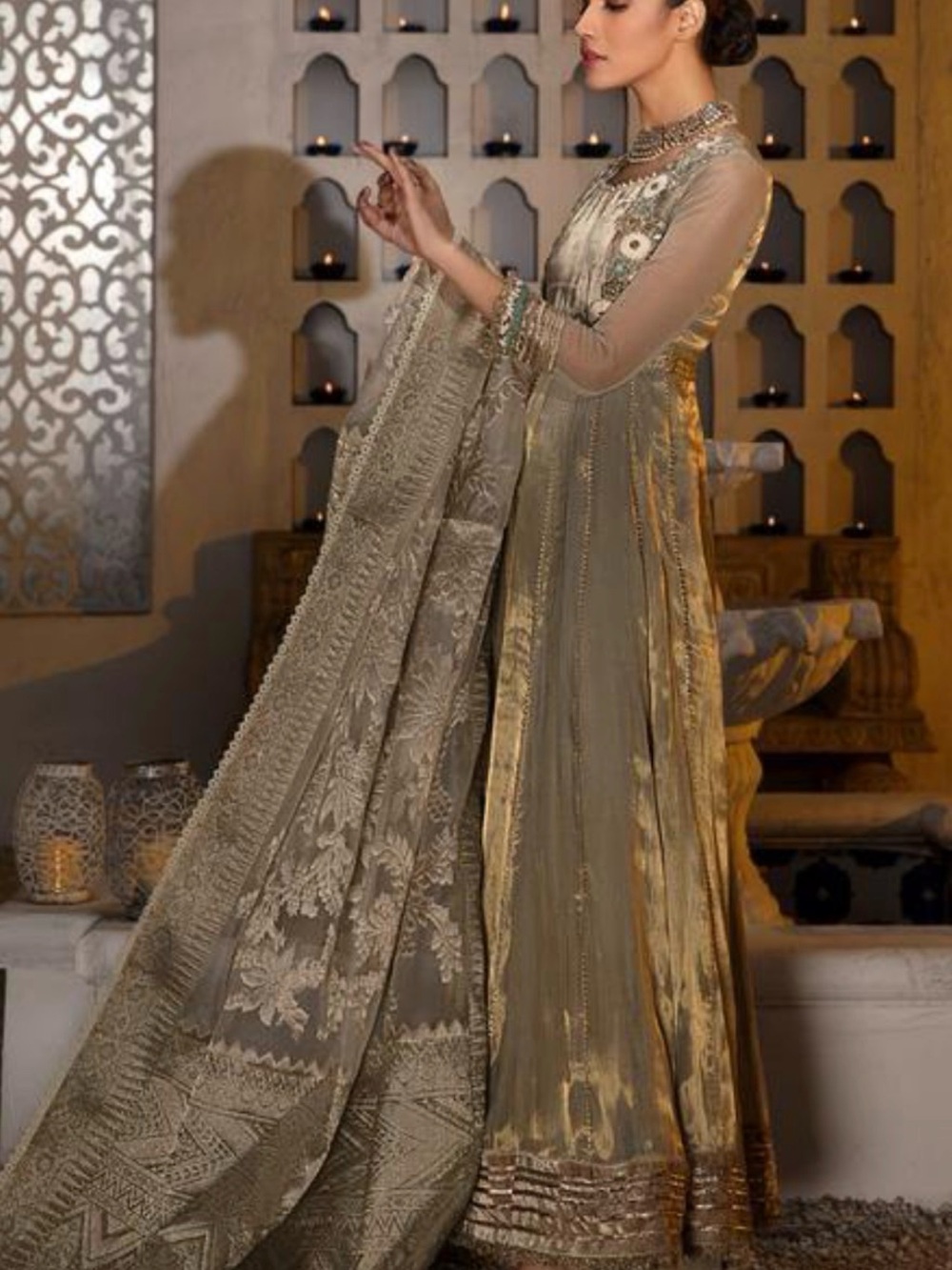Luxe Long Maxi Dress with Dupatta - Olive